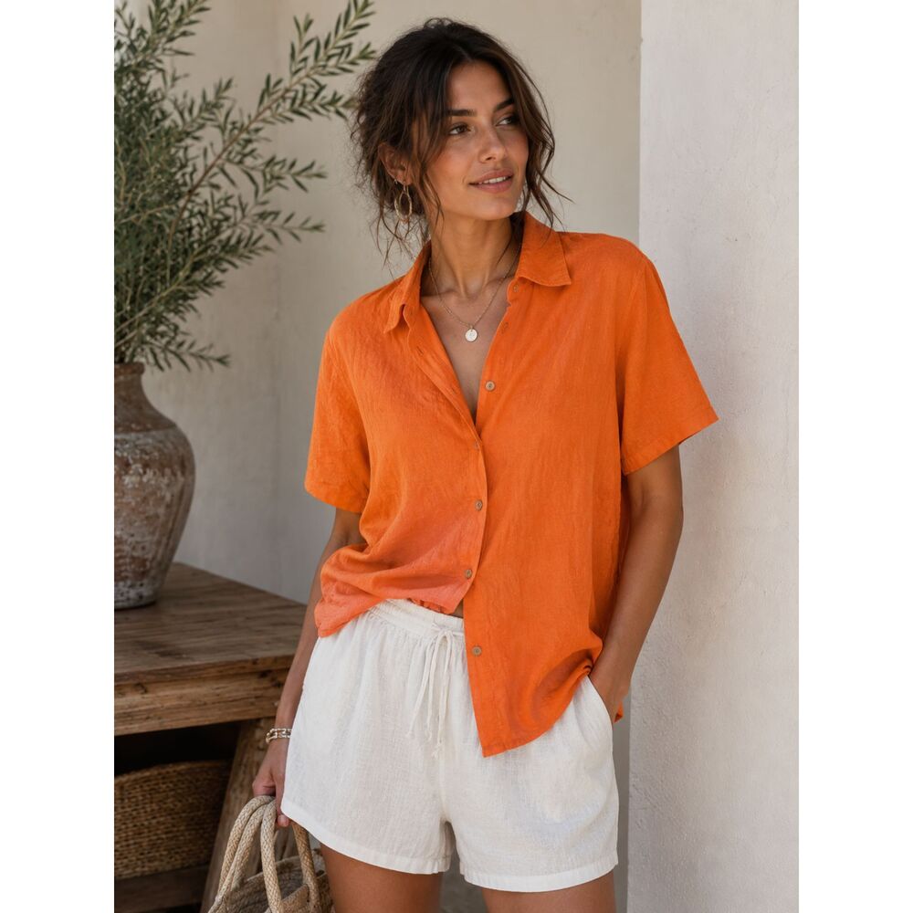 Avenue Linen Blend Shirt Women's XL Orange Short Sleeve Relaxed Summer Top 14/16